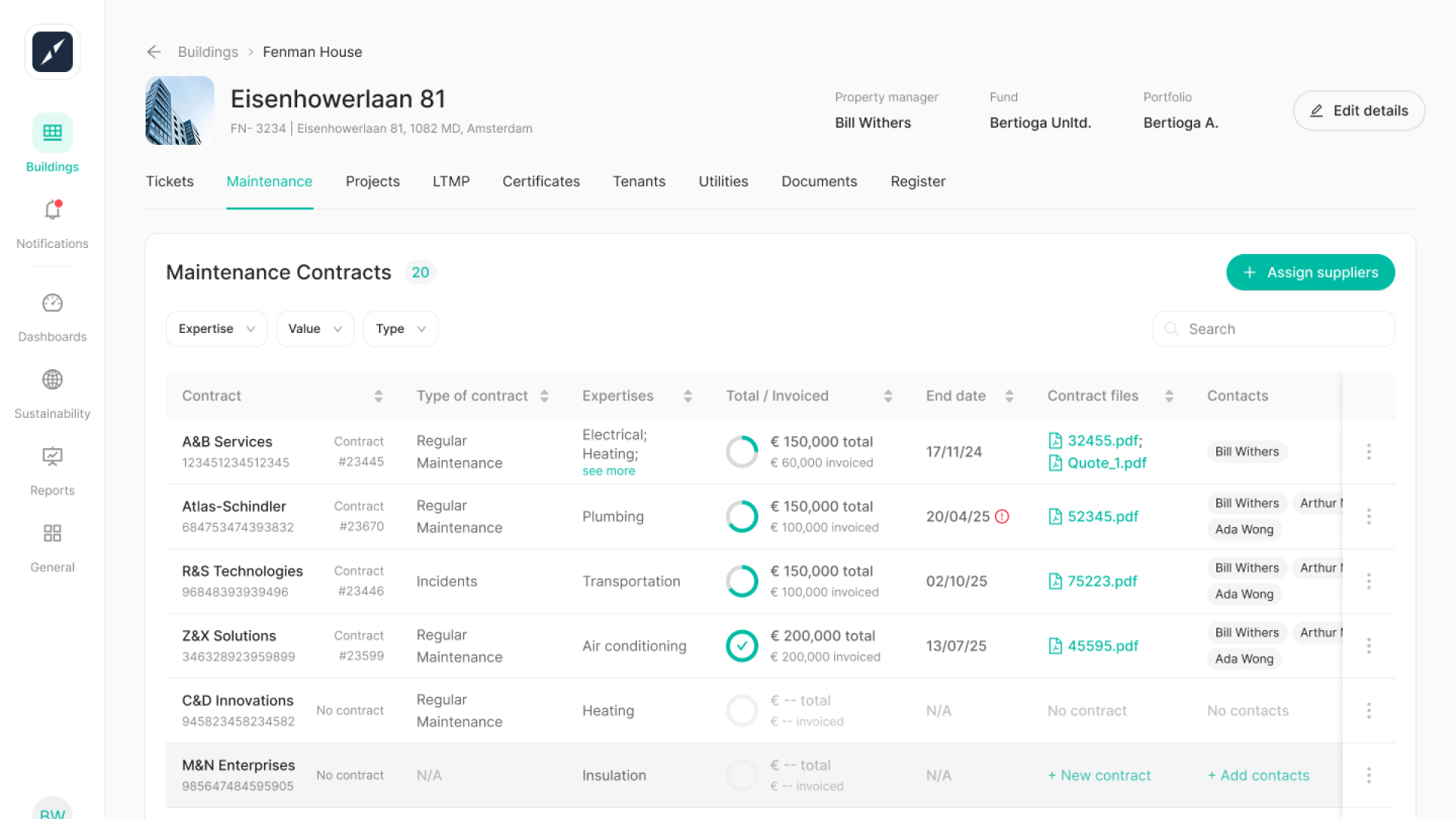 Maintenance contracts dashboard showing contract terms, supplier performance, and renewal alerts for property managers.